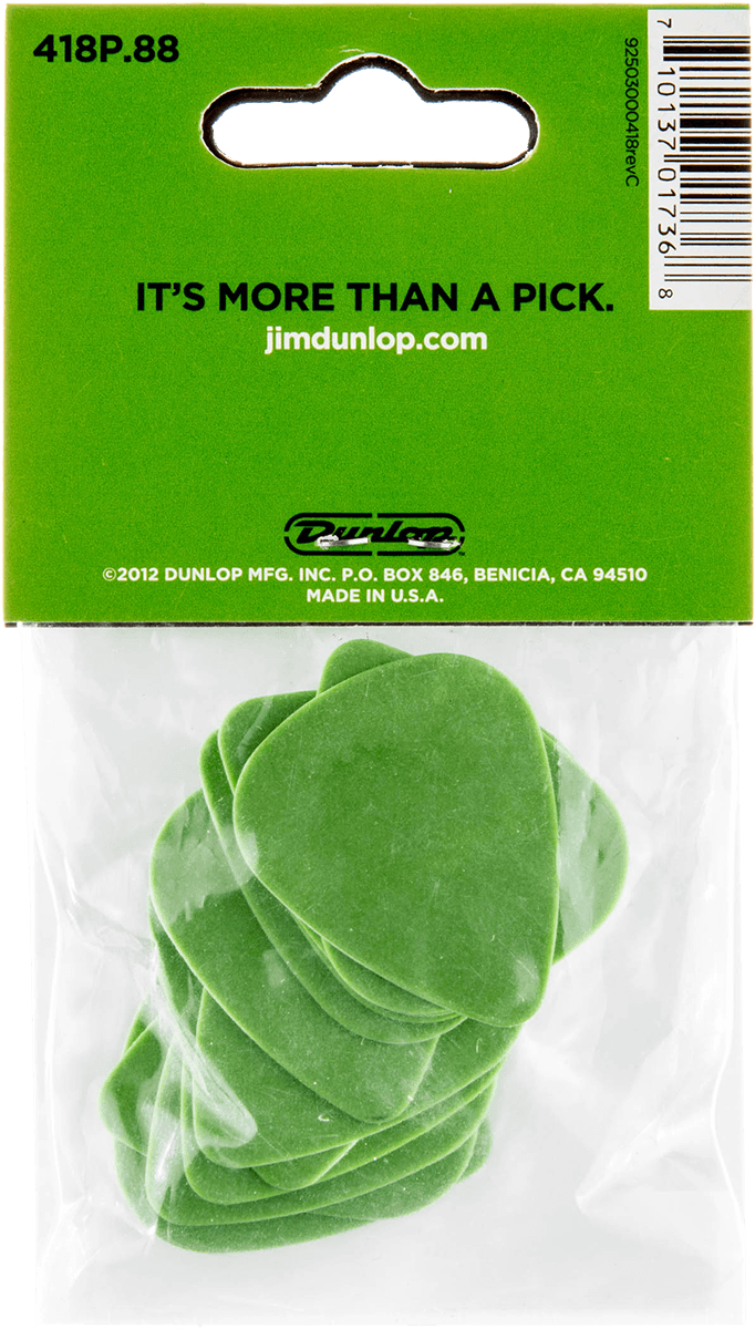 Een verpakking van 12 groene Dunlop Tortex gitaarpickjes met een schildpadlogo, in de originele verpakking.