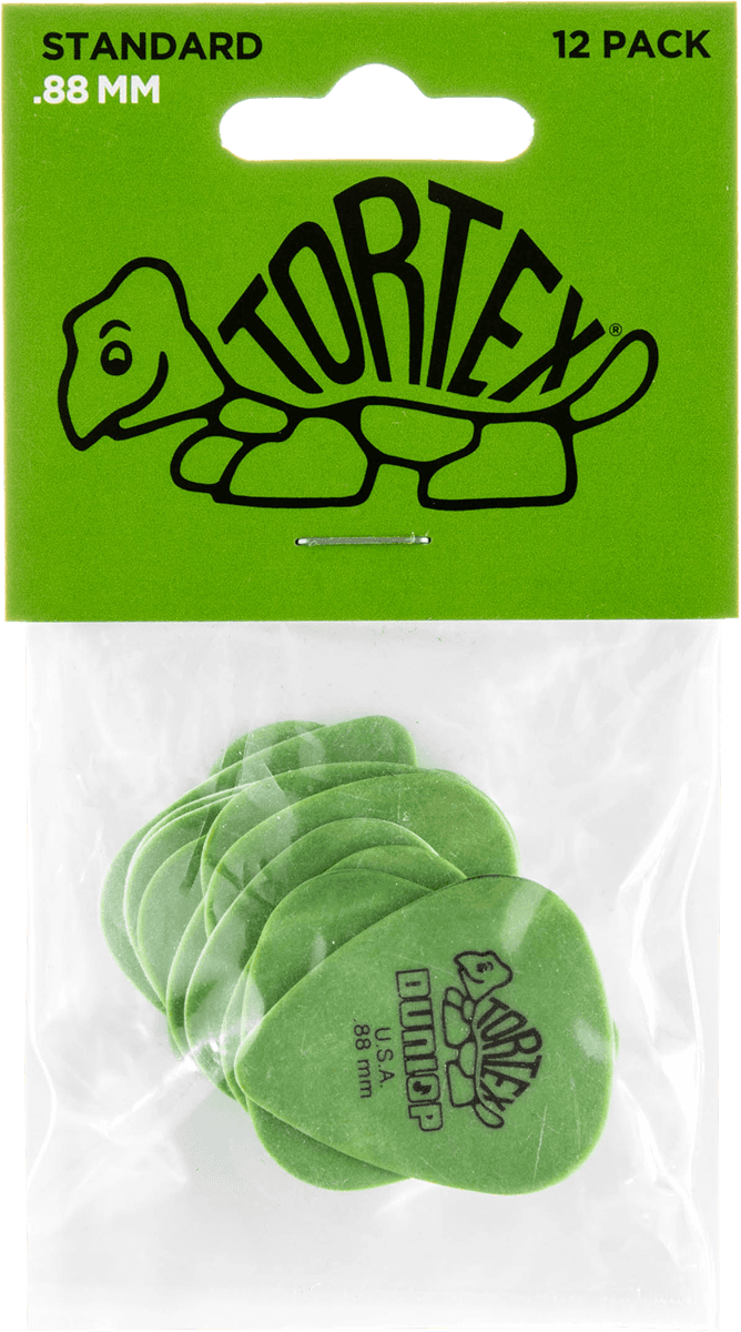 Een verpakking van 12 groene Dunlop Tortex gitaarpickjes met een schildpadlogo, in de originele verpakking.