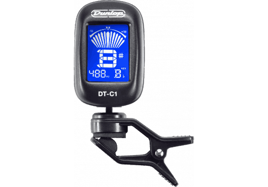 Een zwarte Dunlop DT-C1 clip-on gitaartuner met een blauw digitaal display op een witte achtergrond.