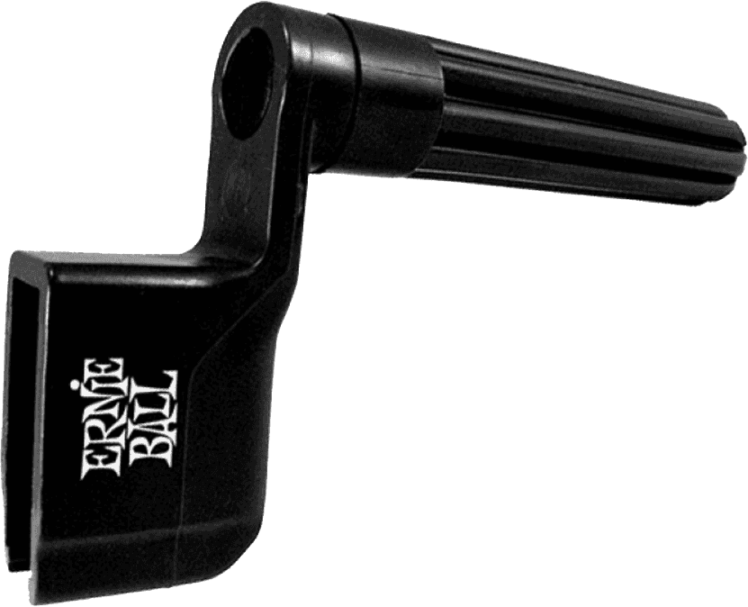 Een zwart Ernie Ball gereedschap voor het opwinden van gitaarsnaren, met een handvat en een gleufvormige kop voor stemmechanieken.