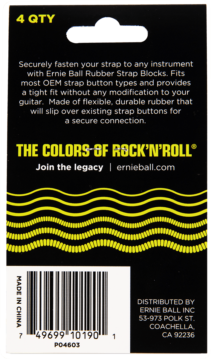 Ernie Ball strap blocks in een transparant zakje, met daarin twee zwarte en twee rode rubberen ringen op een felgele achtergrond.