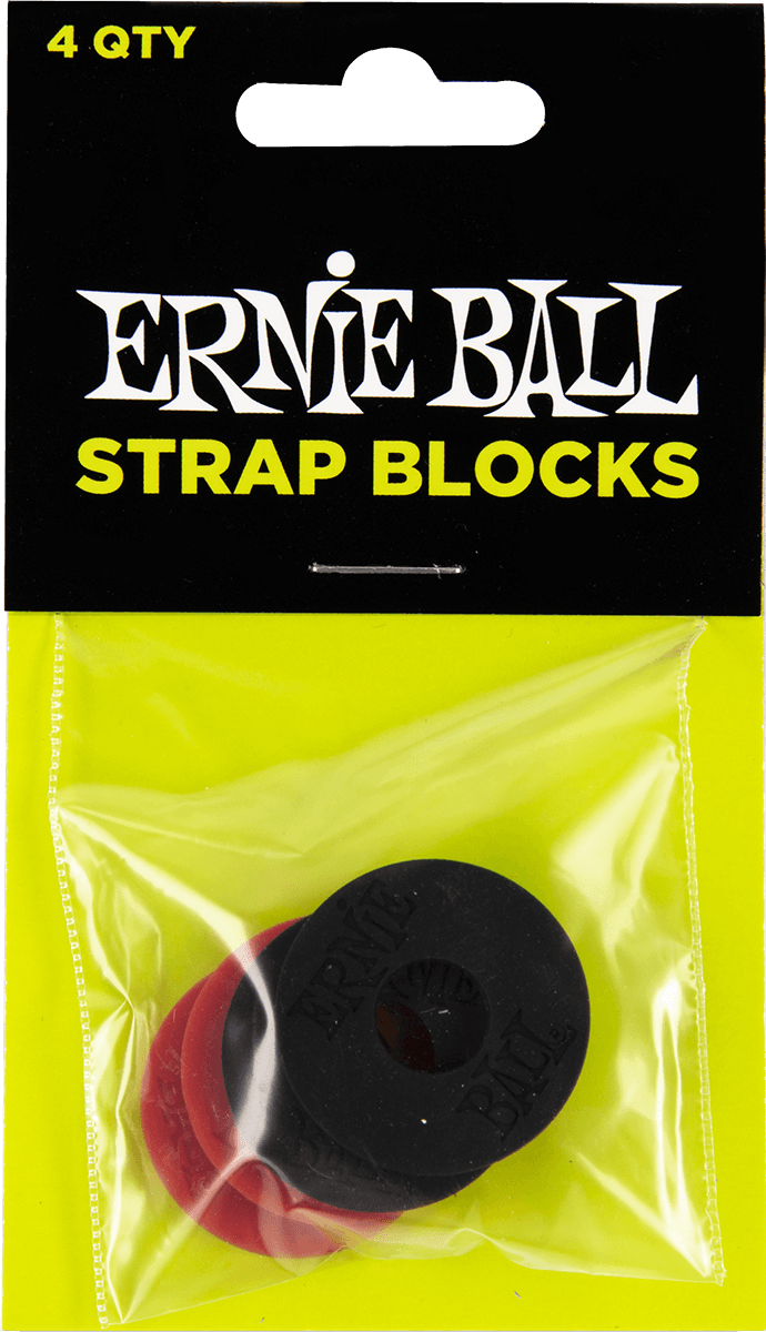 Ernie Ball strap blocks in een transparant zakje, met daarin twee zwarte en twee rode rubberen ringen op een felgele achtergrond.