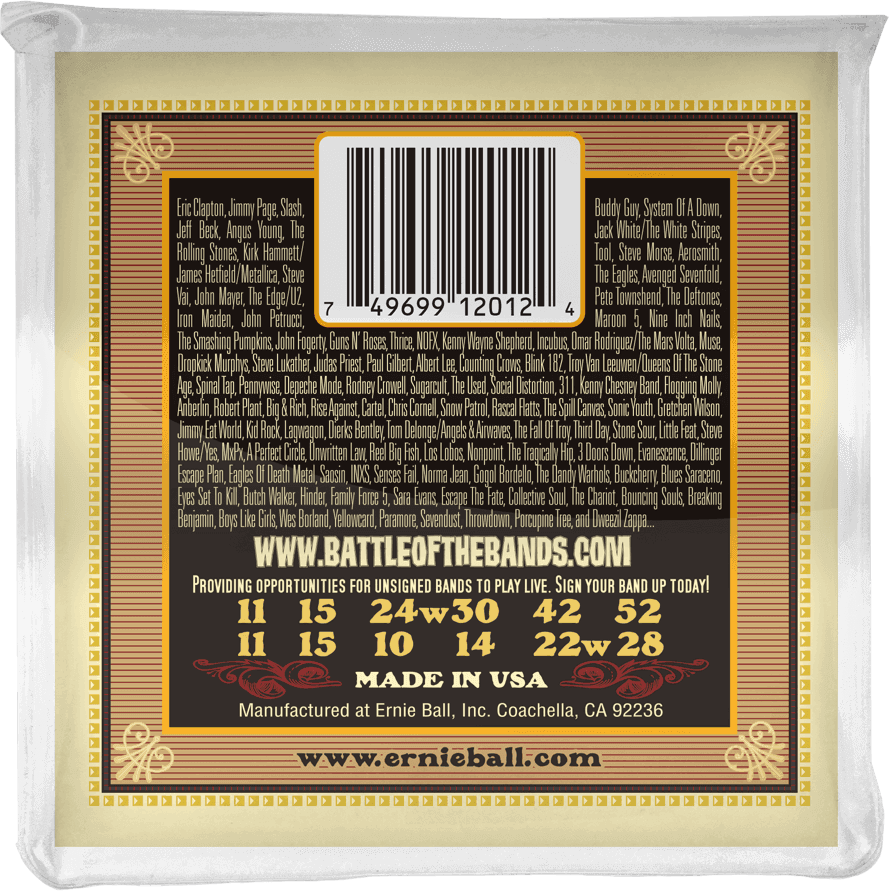 Een vierkante verpakking Ernie Ball Earthwood 12-snarige medium akoestische gitaarsnaren met een decoratief goud-rood ontwerp.