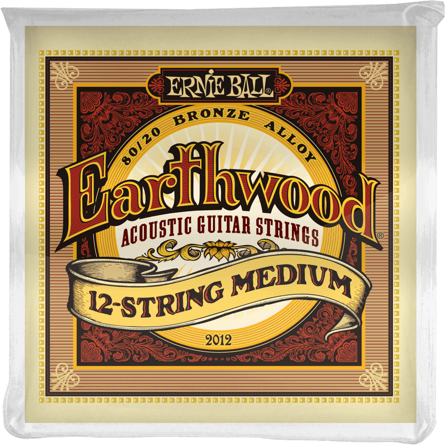 Een vierkante verpakking Ernie Ball Earthwood 12-snarige medium akoestische gitaarsnaren met een decoratief goud-rood ontwerp.