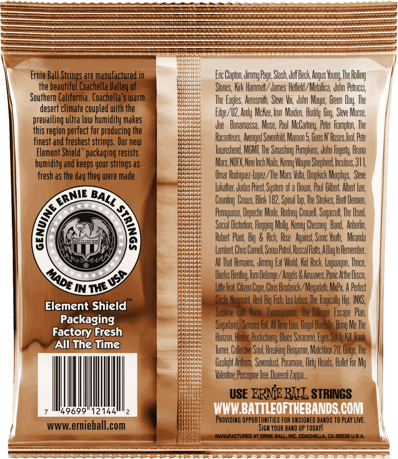 Ernie Ball Earthwood Medium gauge fosforbrons akoestische gitaarsnaren, verpakking met de snaardiktes onderaan vermeld.