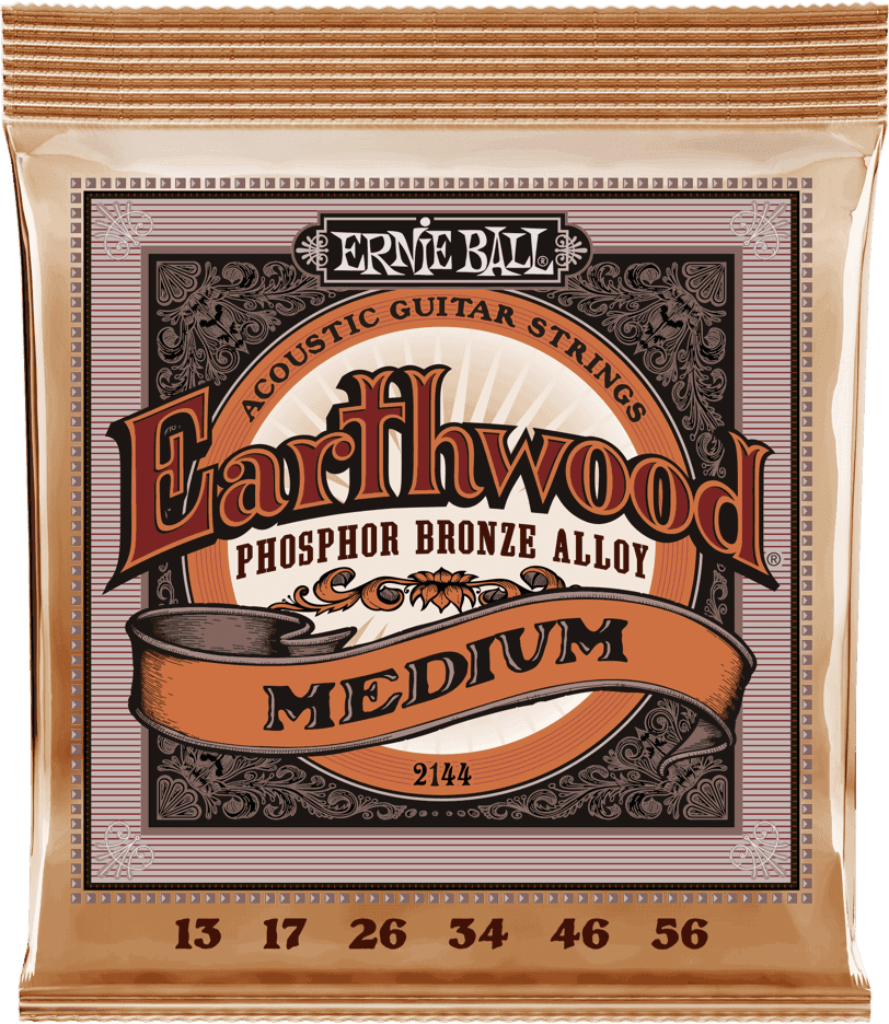 Ernie Ball Earthwood Medium gauge fosforbrons akoestische gitaarsnaren, verpakking met de snaardiktes onderaan vermeld.