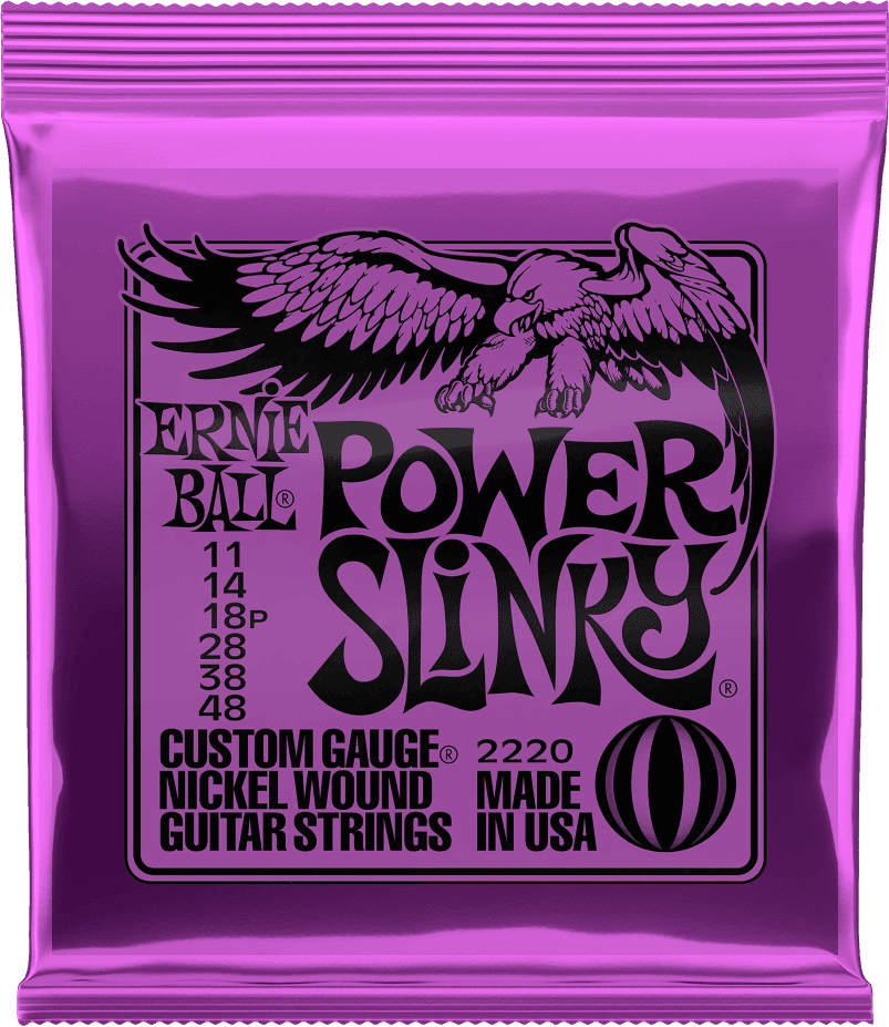 Een paarse verpakking Ernie Ball Power Slinky nikkelgewonden gitaarsnaren, dikte 11-48, met een adelaarslogo.