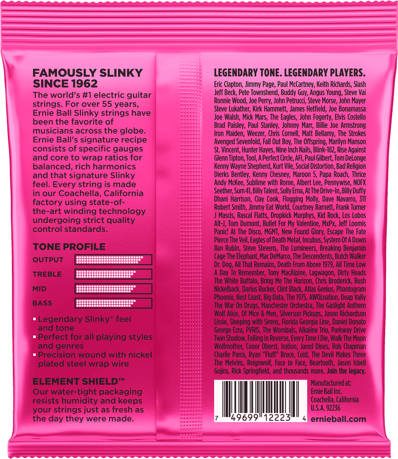 Een felroze verpakking van Ernie Ball Super Slinky elektrische gitaarsnaren met zwarte tekst en een adelaarslogo.