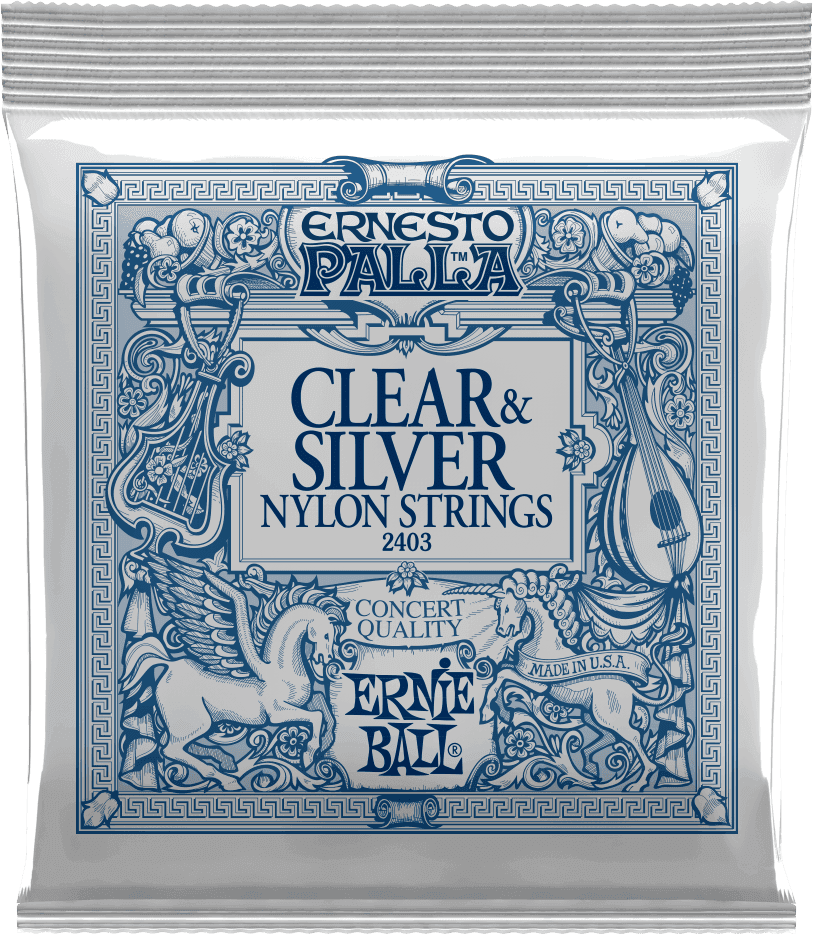 Een pakket Ernie Ball Ernesto Palla Clear & Silver nylon snaren voor klassieke gitaar met blauwe sierlijke afbeeldingen.