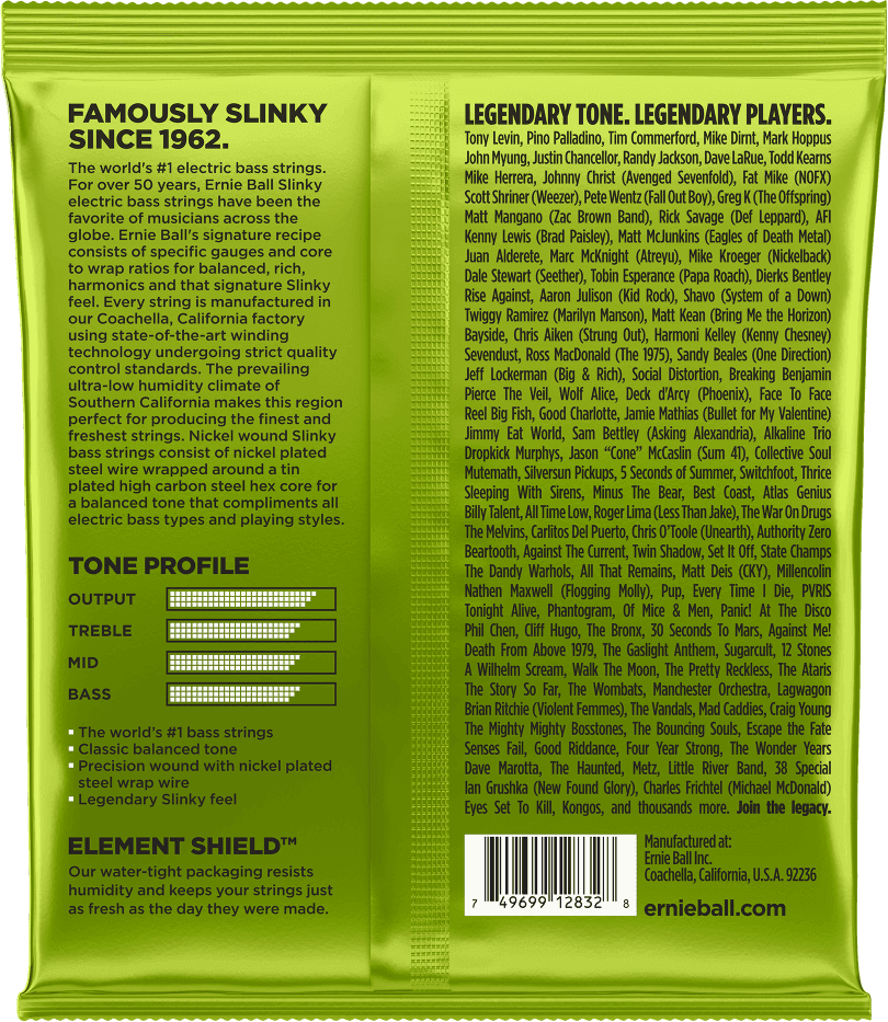 Een limoengroene verpakking Ernie Ball Regular Slinky Roundwound Bassnaren, dikte 50-105, met een afbeelding van een adelaar.