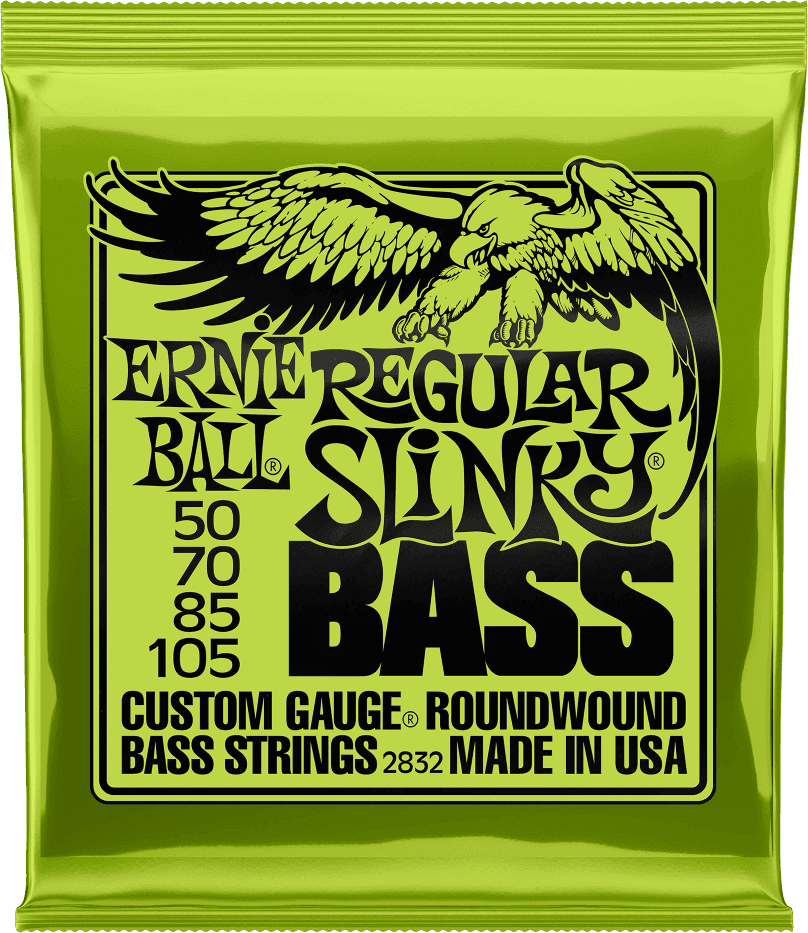 Een limoengroene verpakking Ernie Ball Regular Slinky Roundwound Bassnaren, dikte 50-105, met een afbeelding van een adelaar.
