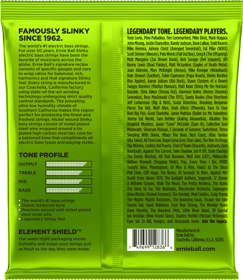 Een limoengroene verpakking Ernie Ball Regular Slinky 5-snarige basgitaarsnaren met zwarte tekst en een adelaarslogo.