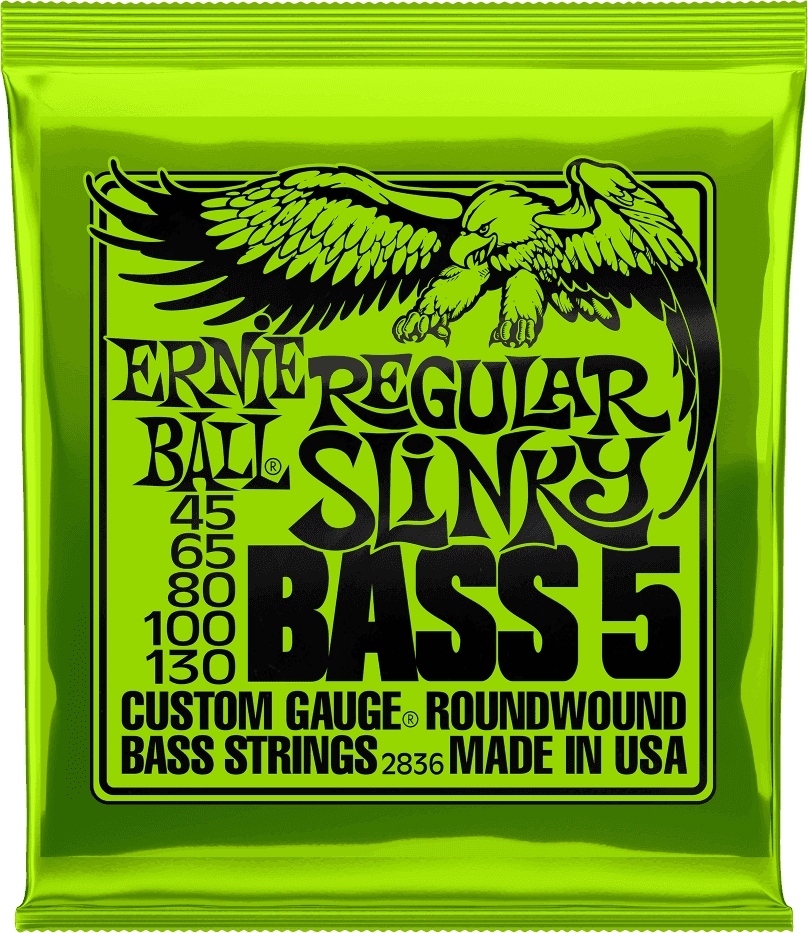 Een limoengroene verpakking Ernie Ball Regular Slinky 5-snarige basgitaarsnaren met zwarte tekst en een adelaarslogo.