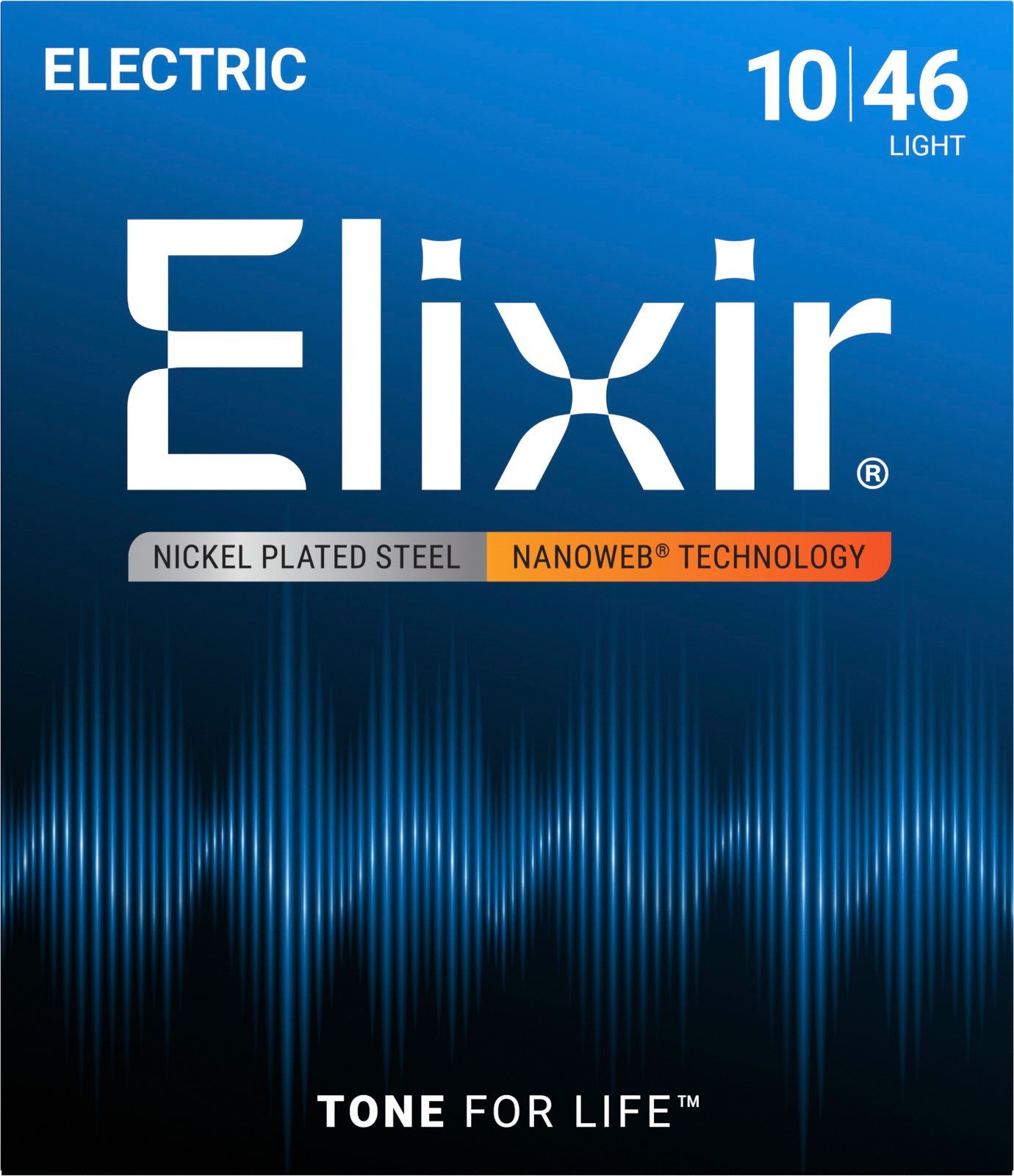 Blauwe verpakking Elixir elektrische gitaarsnaren, lichte dikte 10-46, met vernikkeld staal en Nanoweb-technologie.
