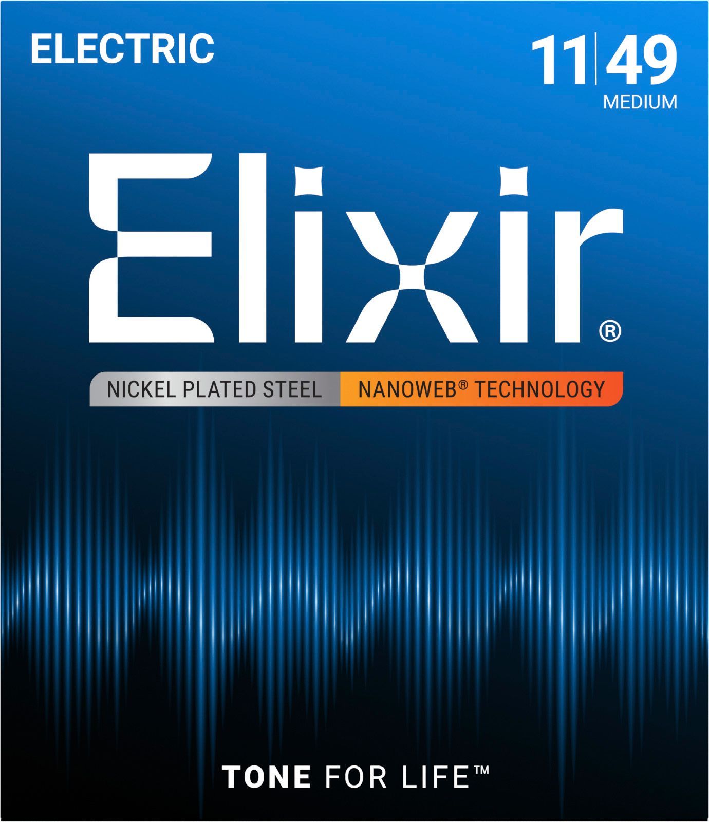 Elixir elektrische gitaarsnarenpakket, 11-49 Medium gauge, met blauwe branding en Nanoweb coatingtechnologie.