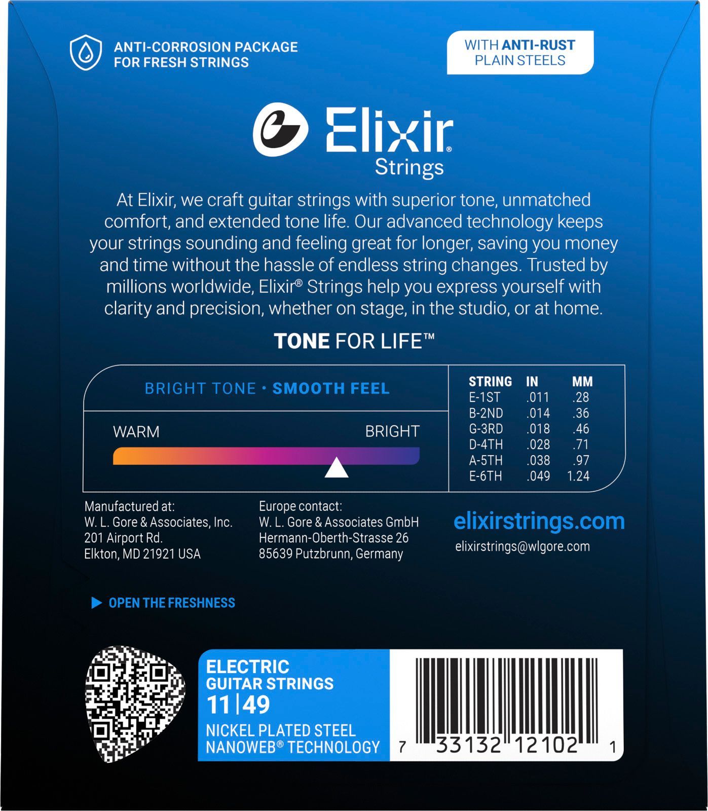 Elixir elektrische gitaarsnarenpakket, 11-49 Medium gauge, met blauwe branding en Nanoweb coatingtechnologie.