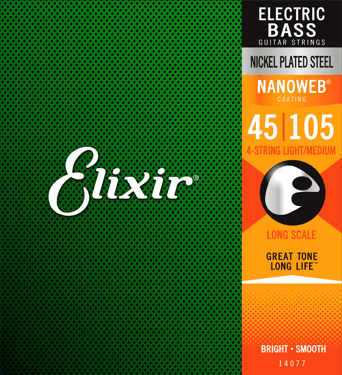 Elixir vernikkelde stalen Nanoweb elektrische basgitaarsnaren, lichte/medium dikte 45-105, lange mensuur.