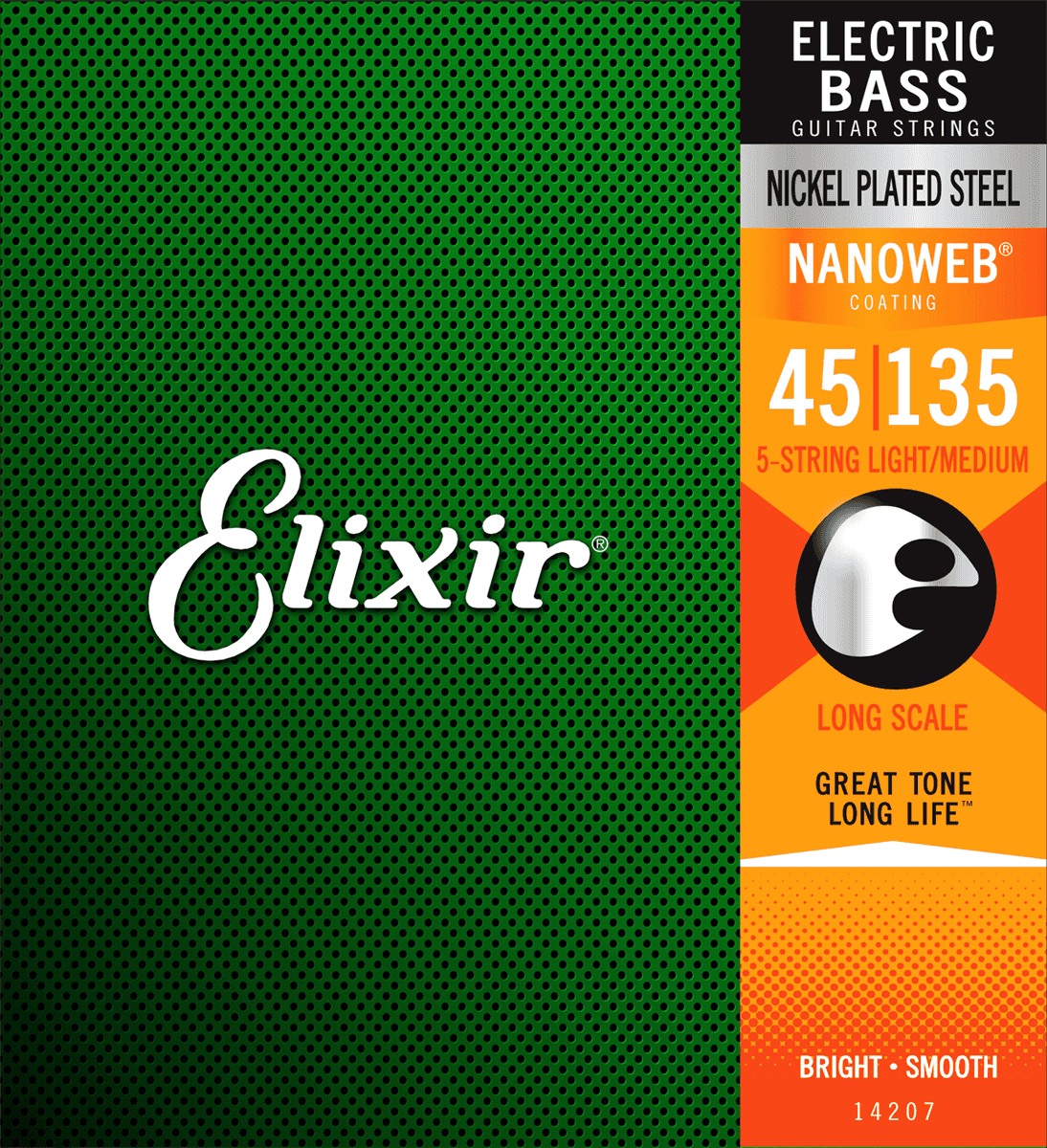 Verpakking van Elixir 5-snarige lichte/medium lange-schaal elektrische basgitaarsnaren, groen met oranje logo.
