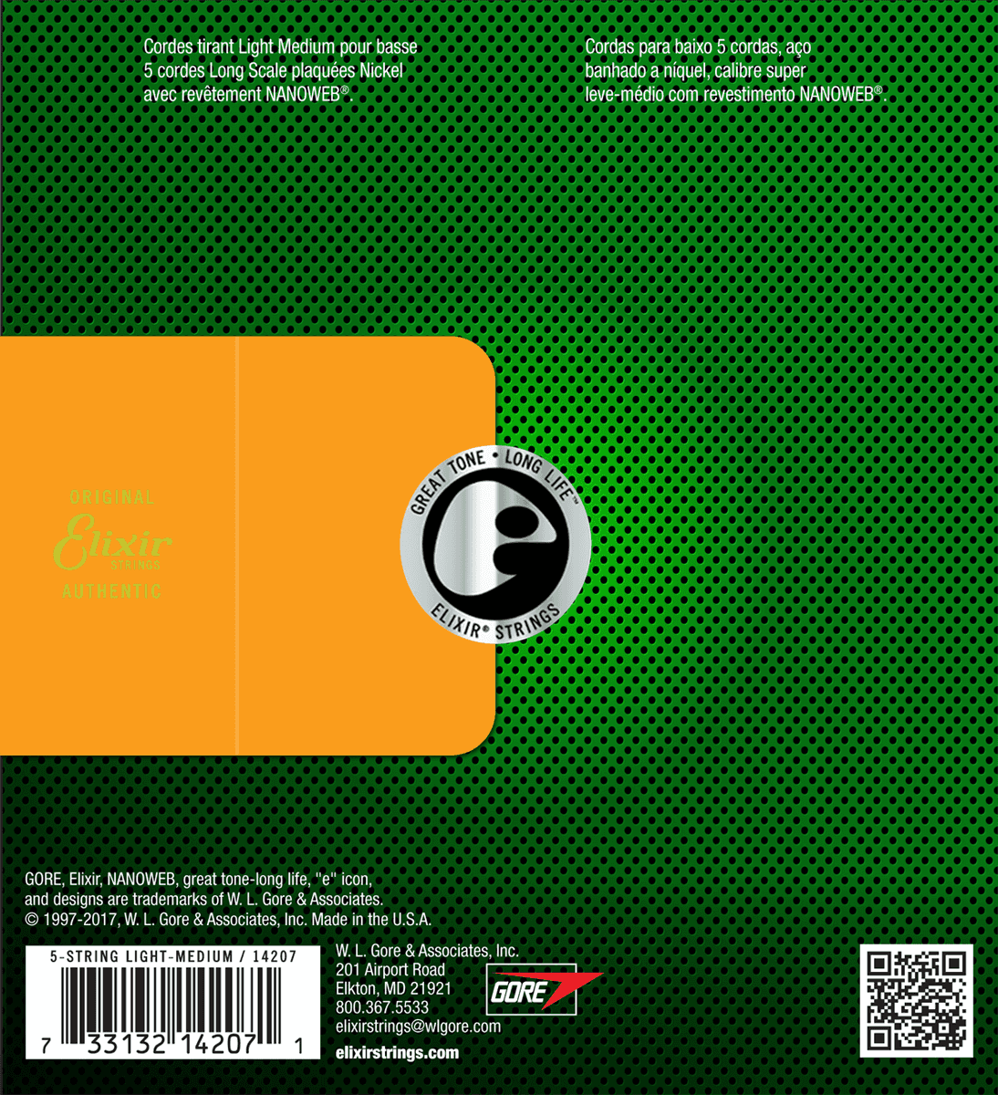 Verpakking van Elixir 5-snarige lichte/medium lange-schaal elektrische basgitaarsnaren, groen met oranje logo.