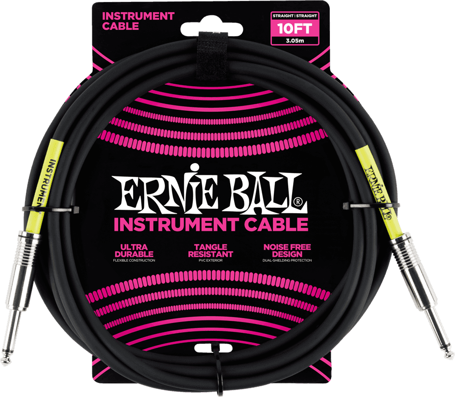 Een 3 meter lange zwarte instrumentkabel van Ernie Ball, opgerold in de originele verpakking, afgebeeld tegen een zwarte achtergrond met roze accenten.