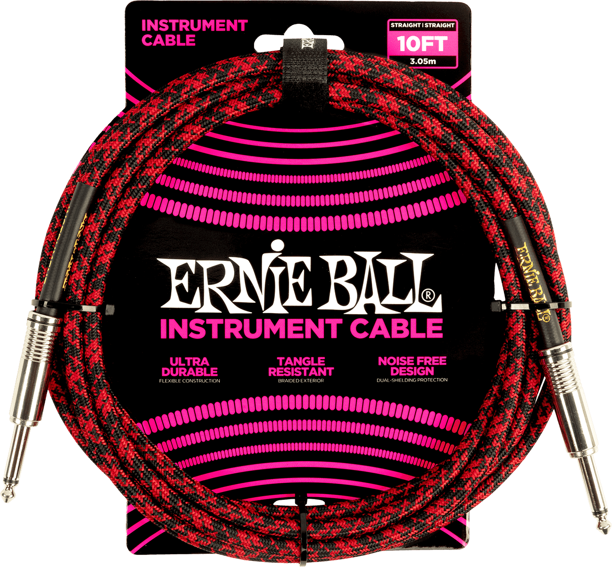 Een opgerolde, 3 meter lange, zwart-rood gevlochten Ernie Ball instrumentkabel in de originele verpakking.