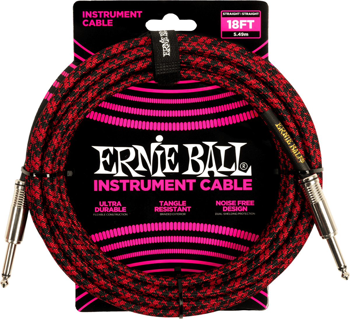 Een 5,5 meter lange, rood-zwarte gevlochten instrumentkabel van Ernie Ball, opgerold in de originele verpakking.