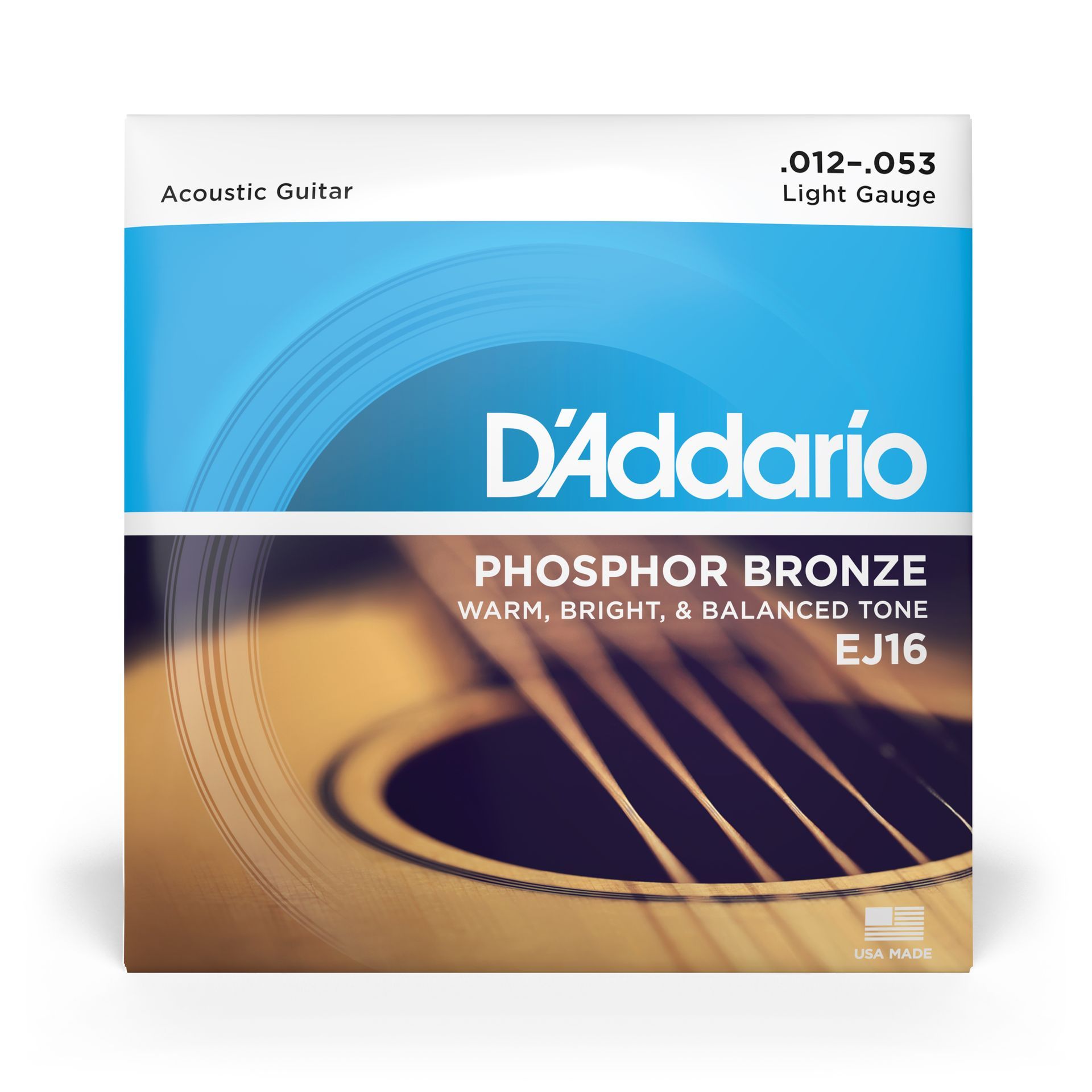 Een blauw-witte doos D'Addario EJ16 Phosphor Bronze lichtgewicht snaren voor akoestische gitaren.