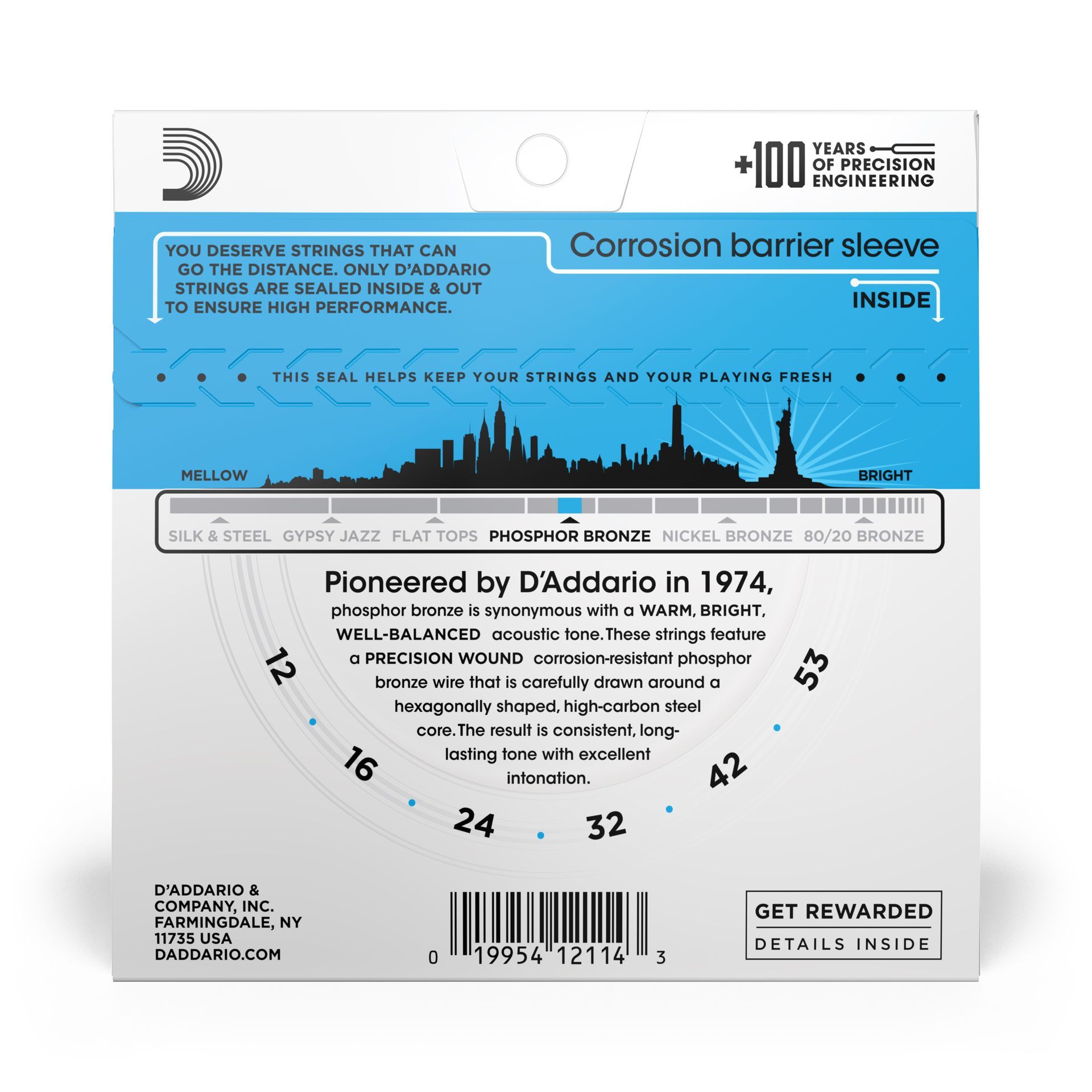 Een blauw-witte doos D'Addario EJ16 Phosphor Bronze lichtgewicht snaren voor akoestische gitaren.
