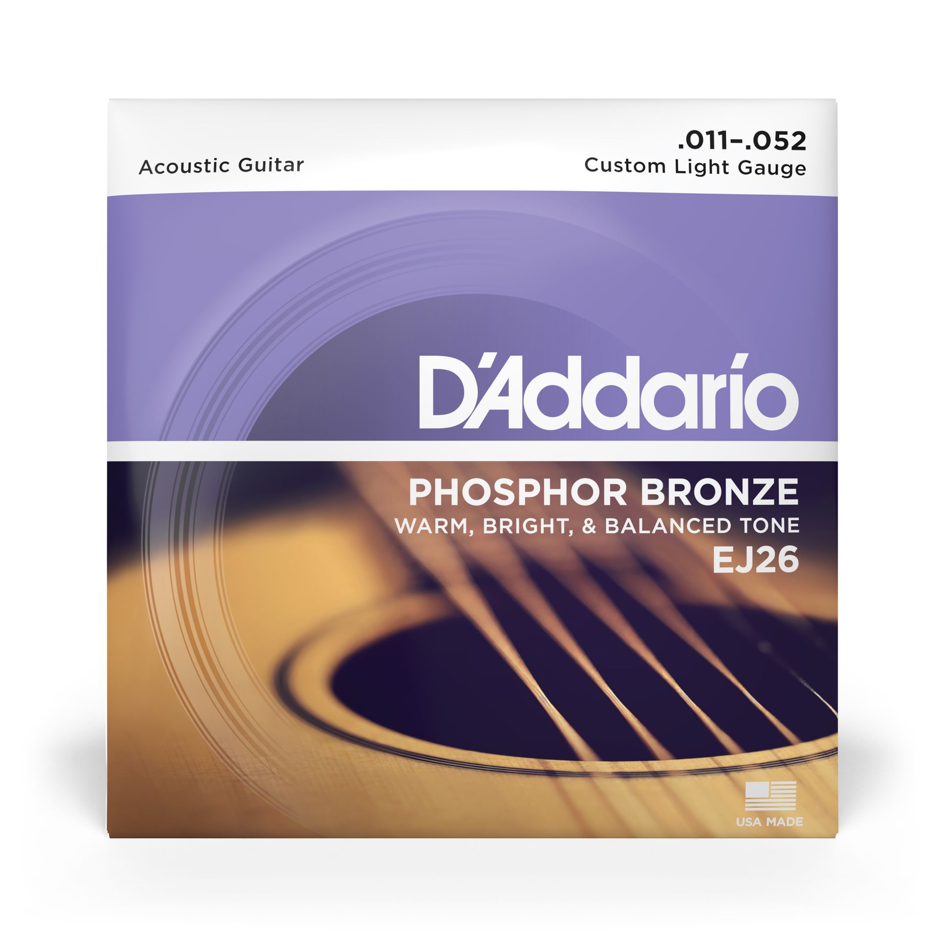 D'Addario EJ26 Phosphor Bronze akoestische gitaarsnaren, speciaal ontworpen voor lichte gitaren met een dikte van .011-.052, in een paars-witte verpakking.