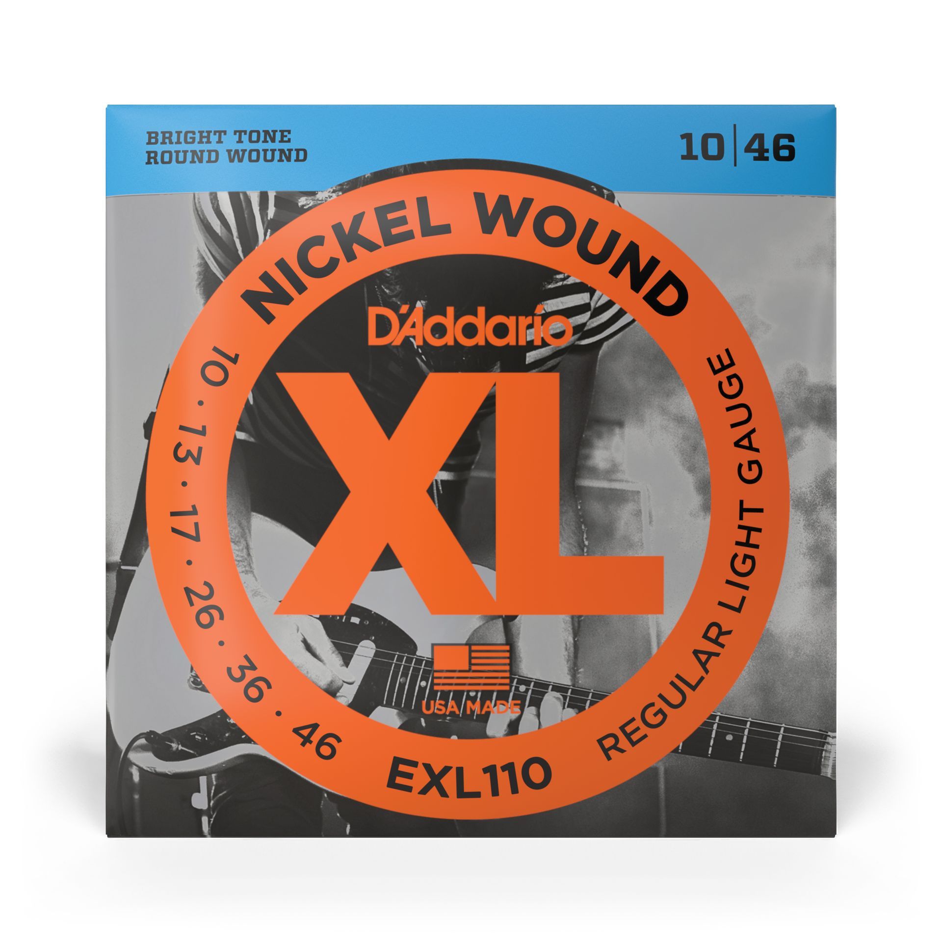 Verpakking met D'Addario EXL110 Nickel Wound elektrische gitaarsnaren in standaard lichte dikte (10-46) met oranje cirkelvormige tekst.