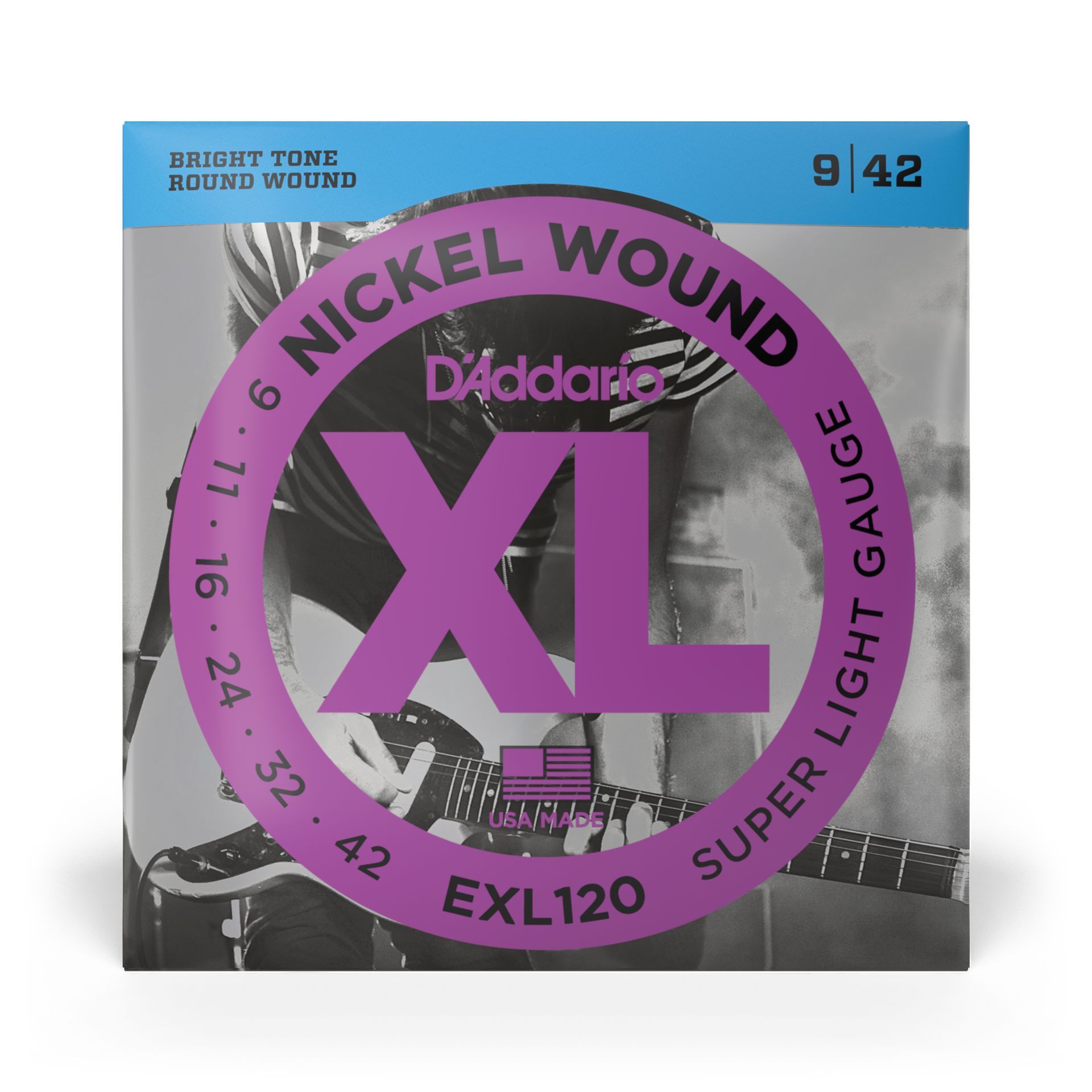 D'Addario XL superlichte elektrische gitaarsnaren, model EXL120, dikte 9-42, met een paars label op een grijze achtergrond.