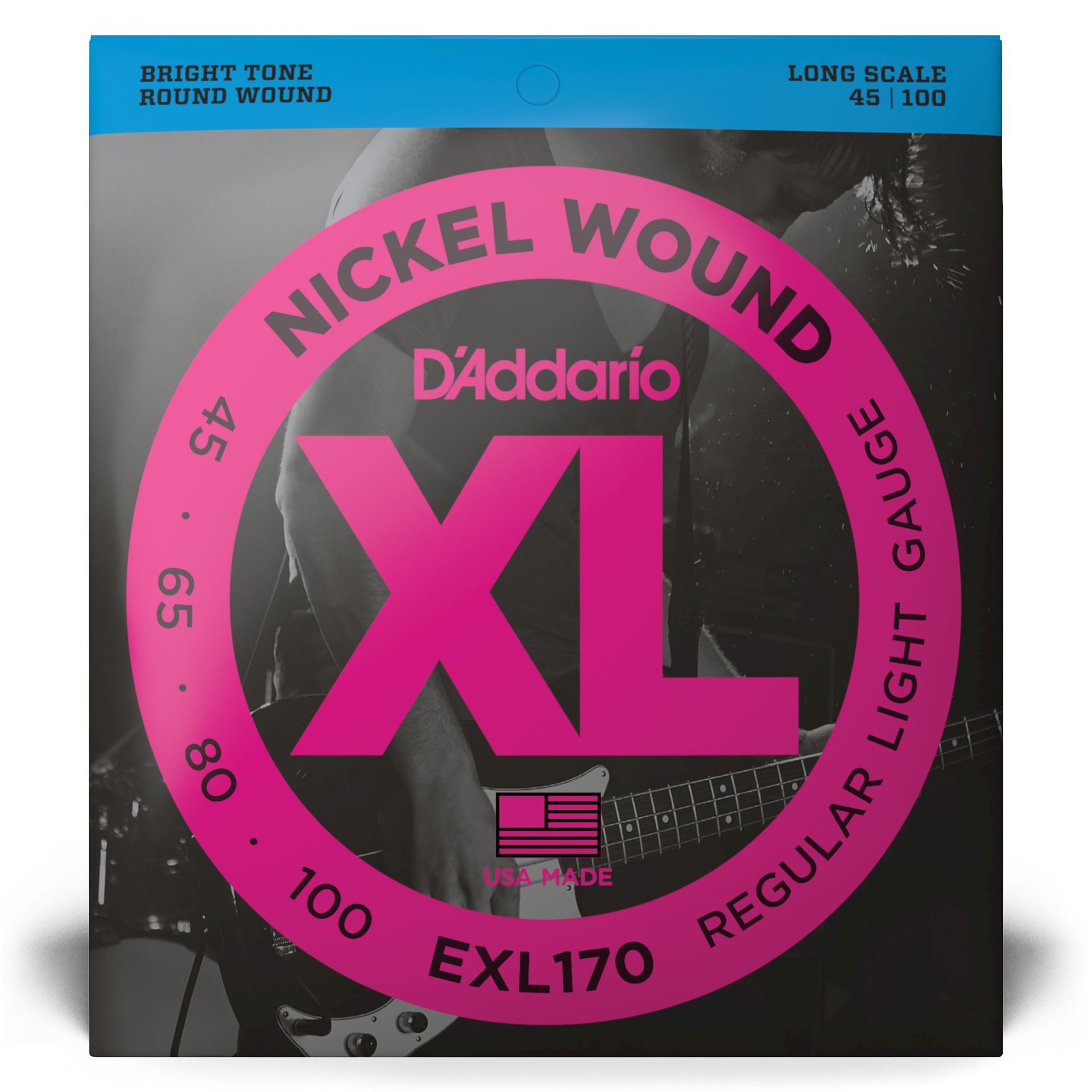D'Addario XL nikkelgewonden elektrische basgitaarsnaren, EXL170 Regular Light dikte (45-100), lange mensuur.