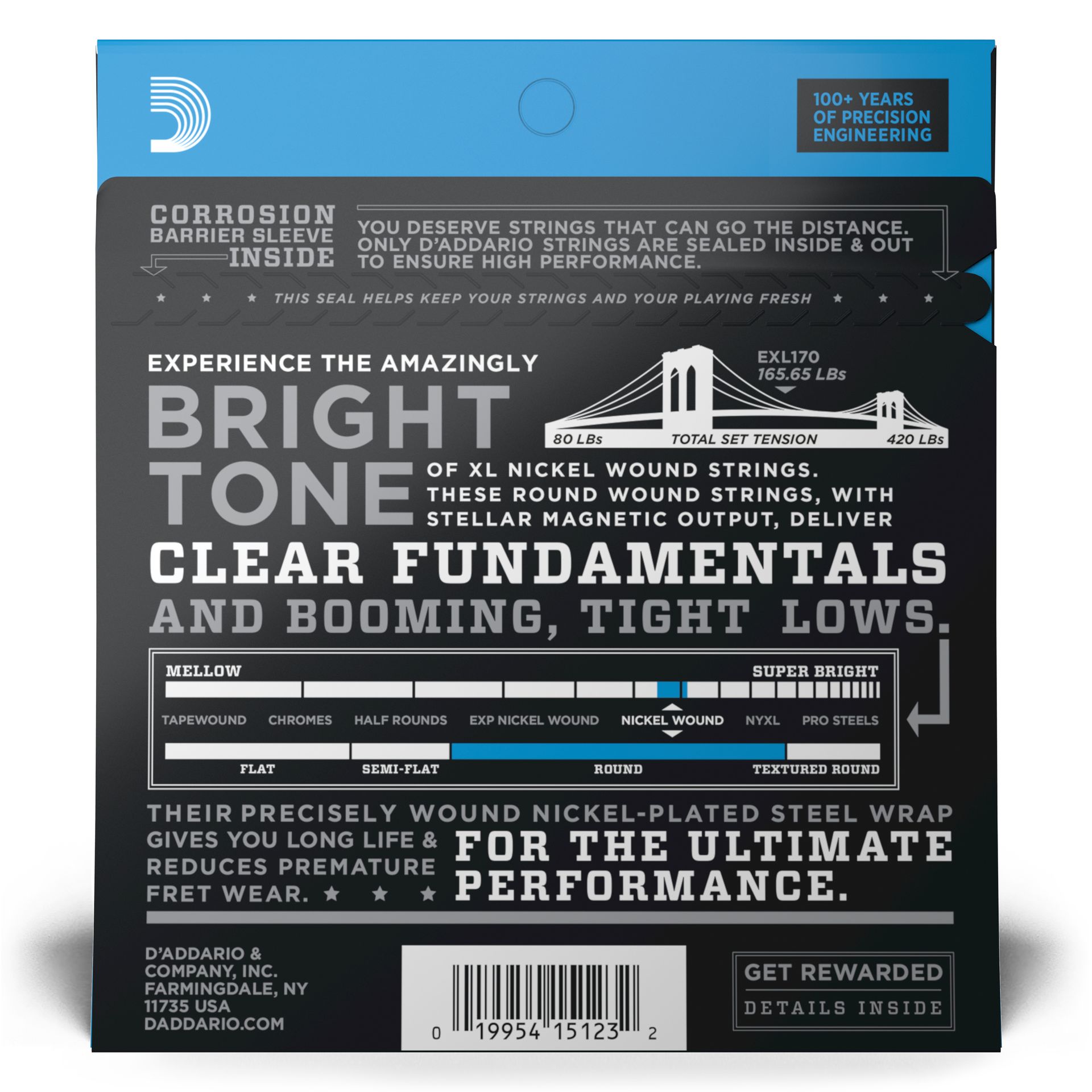 D'Addario XL nikkelgewonden elektrische basgitaarsnaren, EXL170 Regular Light dikte (45-100), lange mensuur.