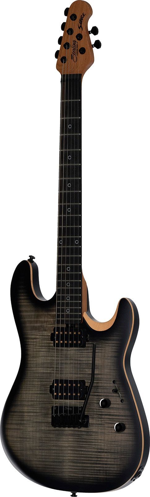 Een elektrische gitaar met een zwart gevlamd esdoornhouten bovenblad, twee humbucker-elementen, een 4+2 kop en een hals van natuurlijk hout.