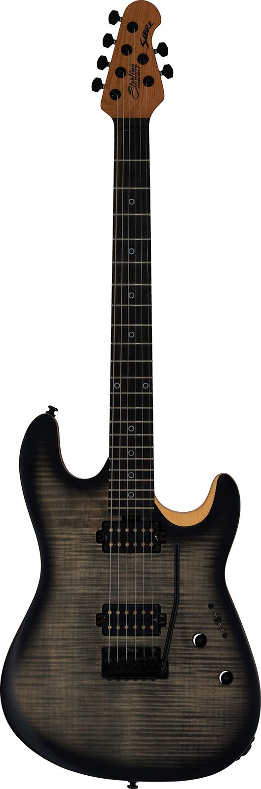 Een elektrische gitaar met een zwart gevlamd esdoornhouten bovenblad, twee humbucker-elementen, een 4+2 kop en een hals van natuurlijk hout.