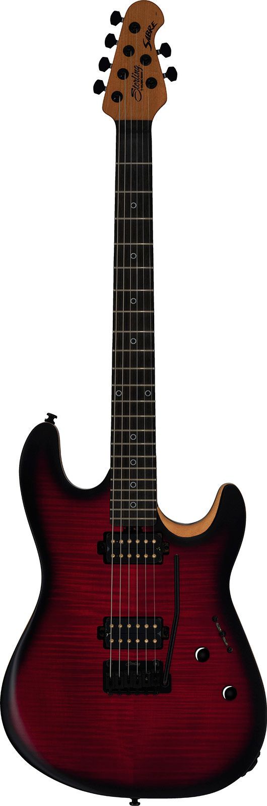 Een dieprode, gewatteerde esdoornhouten elektrische gitaar met een donkere hals en kop, voorzien van twee humbucker-elementen.