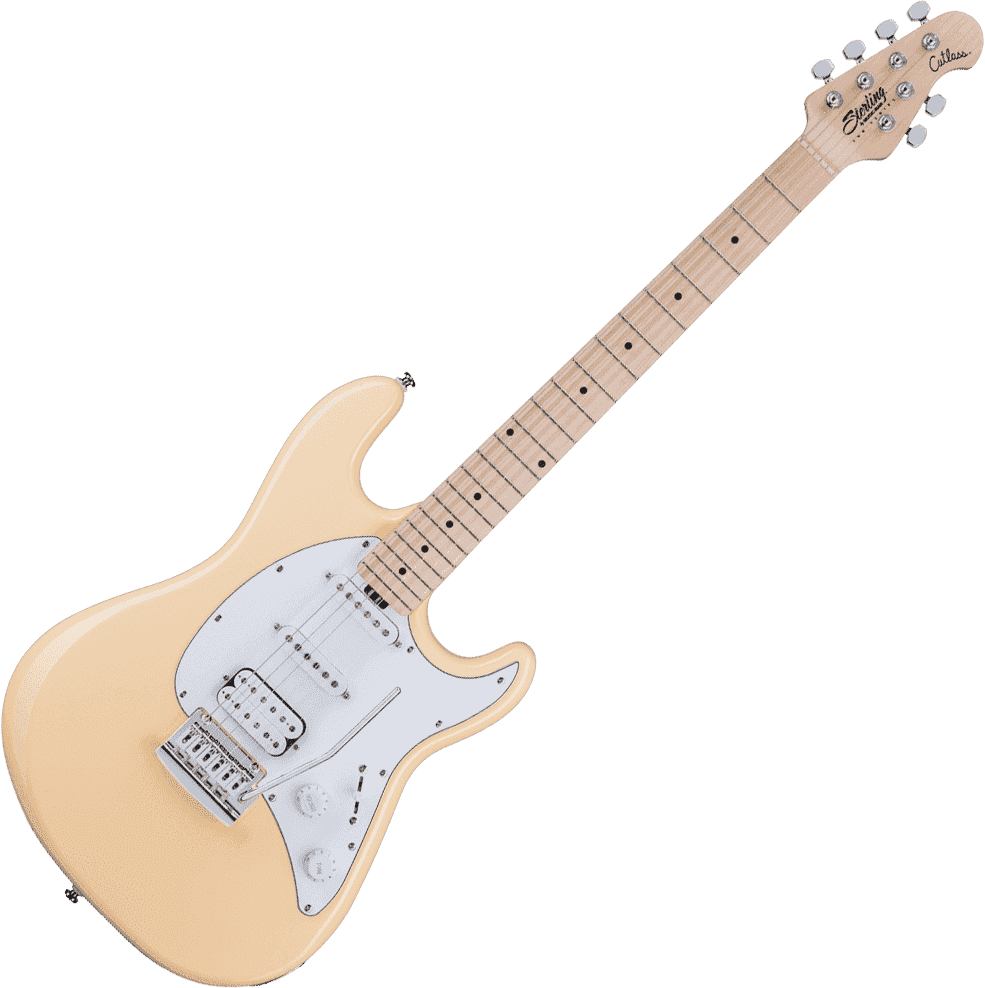 Een crèmekleurige Sterling by Music Man elektrische gitaar met een witte slagplaat en een esdoorn toets op een witte achtergrond.