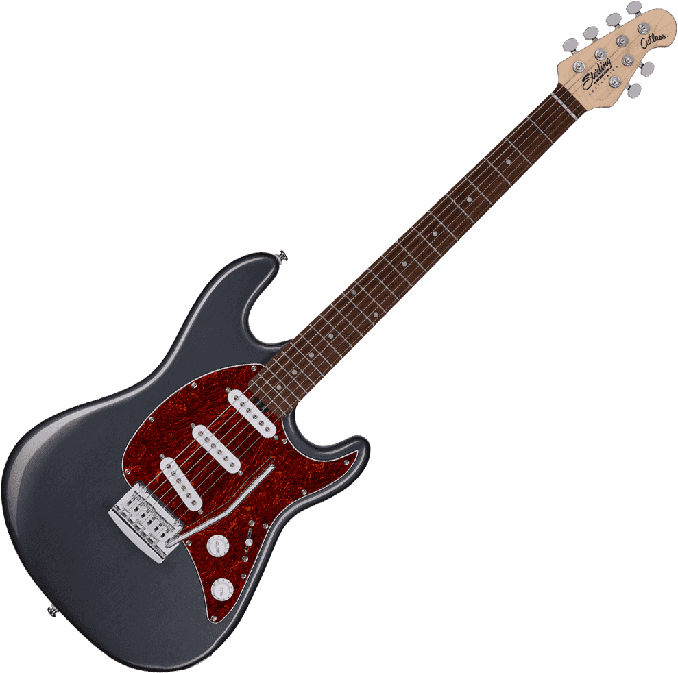 Een metallic grijze Sterling by Music Man Cutlass elektrische gitaar met een slagplaat in schildpadmotief en drie witte elementen.