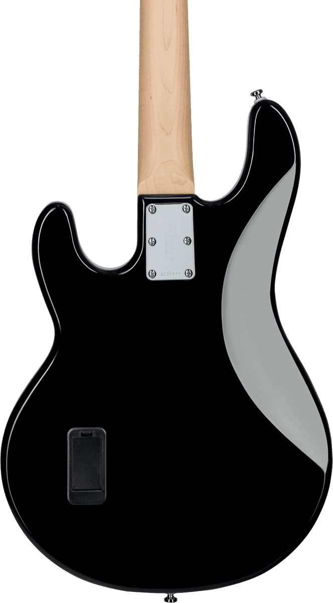 Een zwarte 4-snarige elektrische basgitaar met een esdoornhals en een kenmerkende ovale slagplaat, afgebeeld op een witte achtergrond.