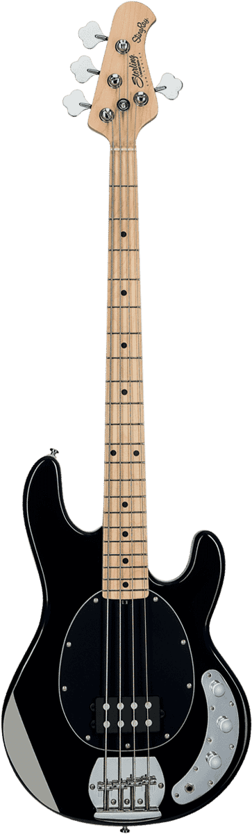 Een zwarte 4-snarige elektrische basgitaar met een esdoornhals en een kenmerkende ovale slagplaat, afgebeeld op een witte achtergrond.