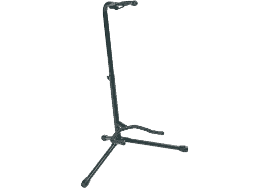 Een zwarte, driepootachtige muziekinstrumentenstandaard voor het plaatsen van een gitaar.