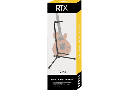 Een zwarte, driepootachtige muziekinstrumentenstandaard voor het plaatsen van een gitaar.