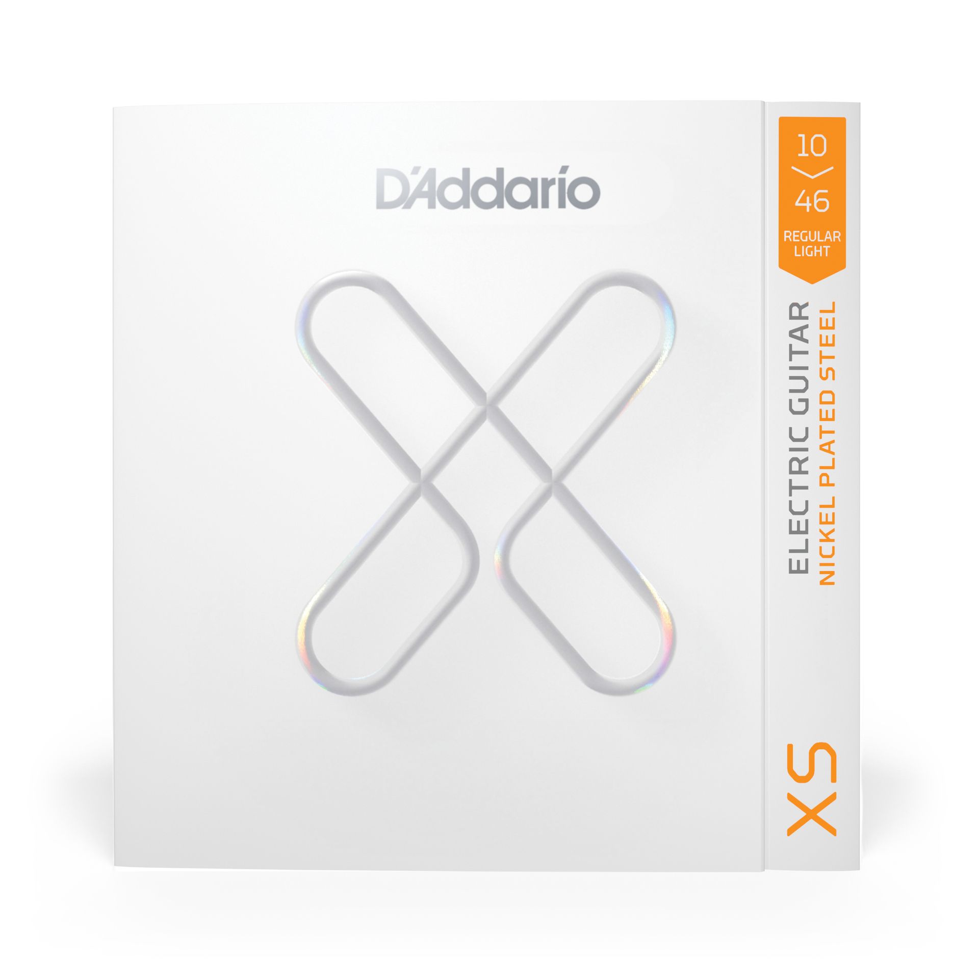 D'Addario XS vernikkelde elektrische gitaarsnaren in witte verpakking, gemarkeerd met 10-46 gauge.