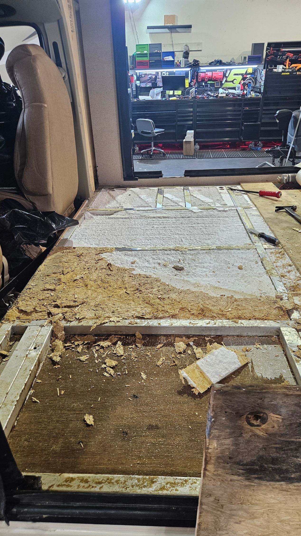 RV slide-out floor opened for structural repair after extensive hidden water damage