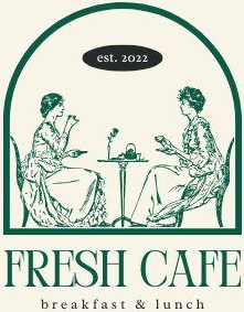 Green and cream cafe logo: two women seated at a table, with 