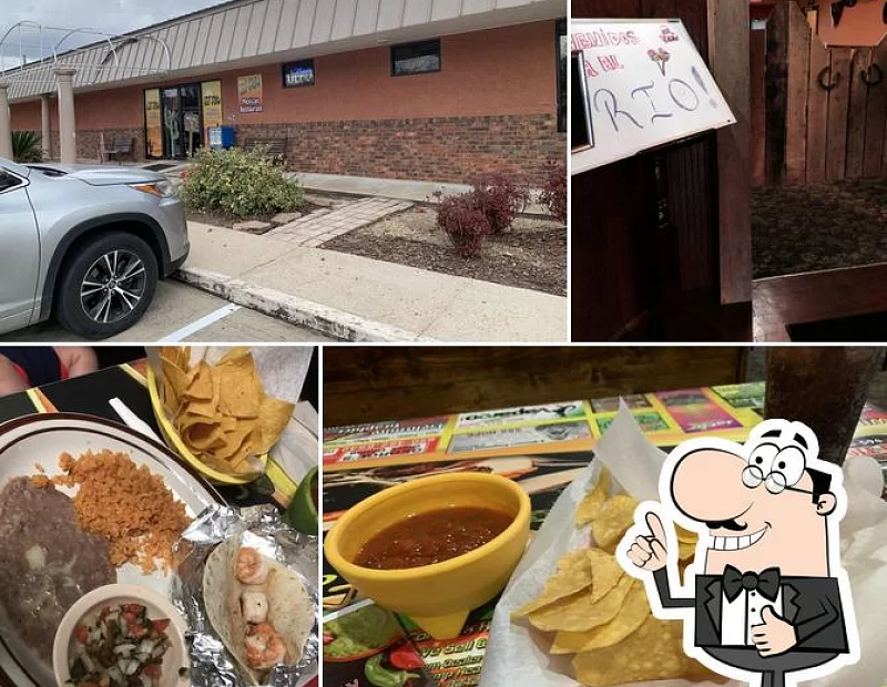 A collage of photos shows the outside of a restaurant , food , and a sign that says rio.