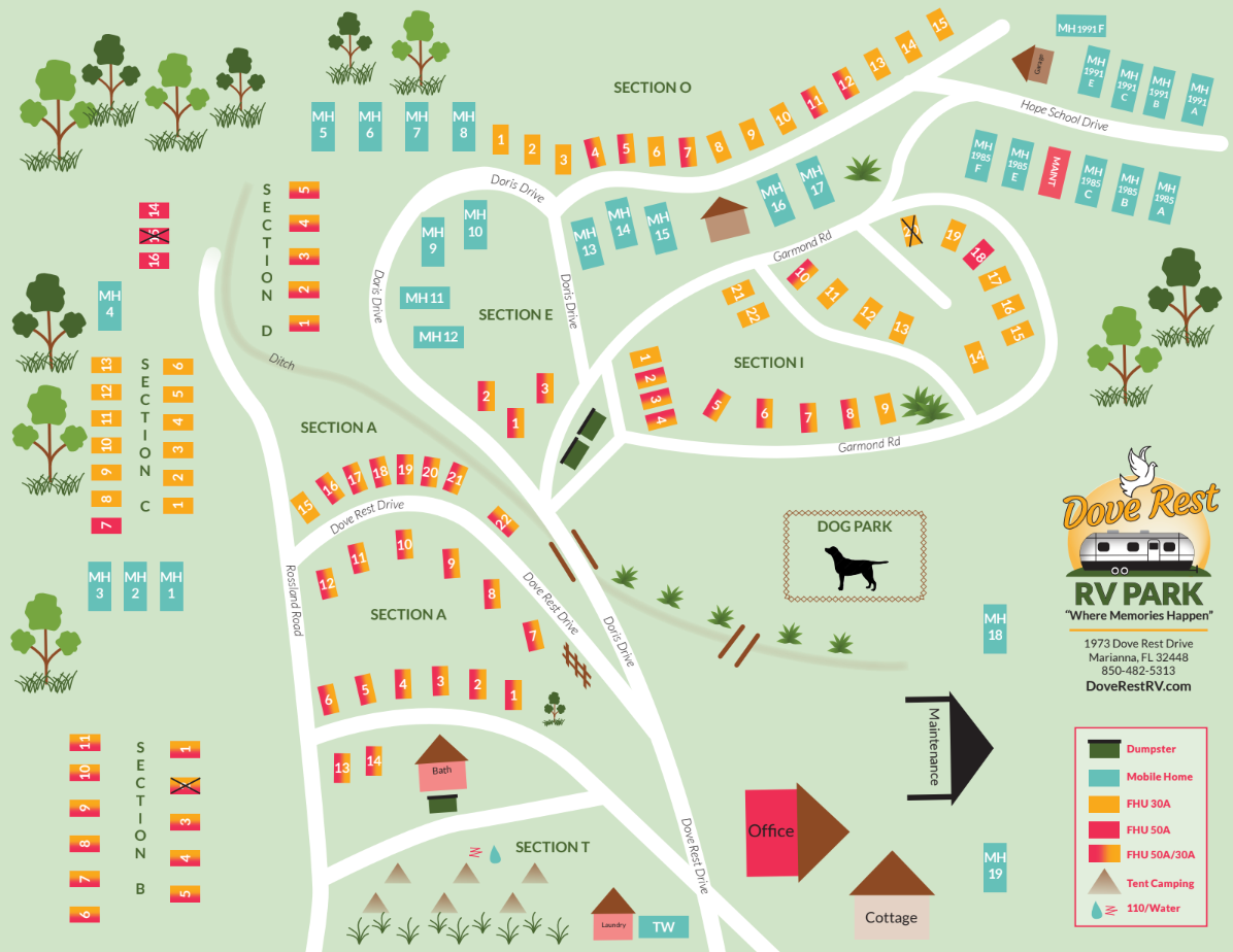A map of a rv park with a dog in the middle