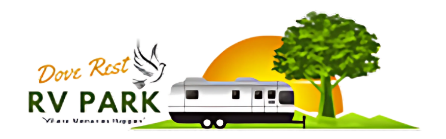 A logo for dove rest rv park with a rv and a tree