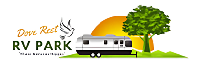 A logo for dove rest rv park with a rv and a tree