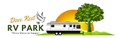 A logo for dove rest rv park with a rv and a tree